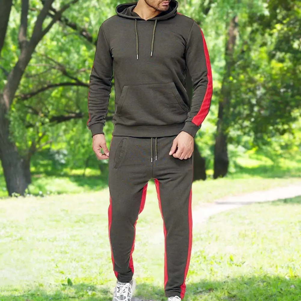 Shrinkable Cuffs Sweatshirt Pants Set 3D Cutting Cold Resistant Trendy Men Tracksuit Pockets Hooded Athletic Sweatsuit