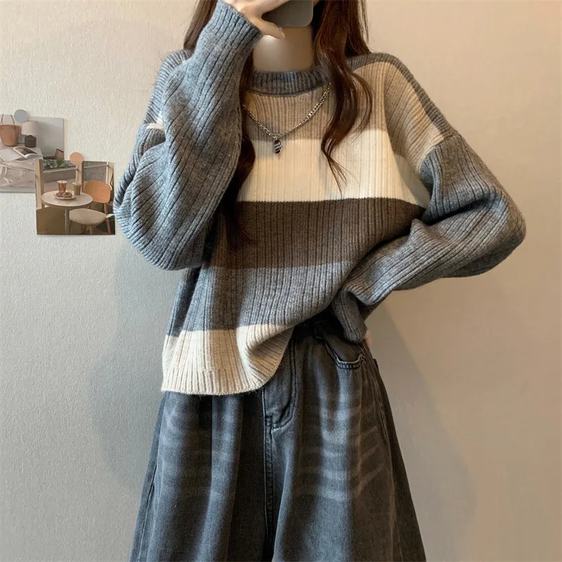 Cashmere Women's Sweater 2024 Autumn and Winter New Color-block Striped Sweater Women's Pullover Top Fashionable Loose