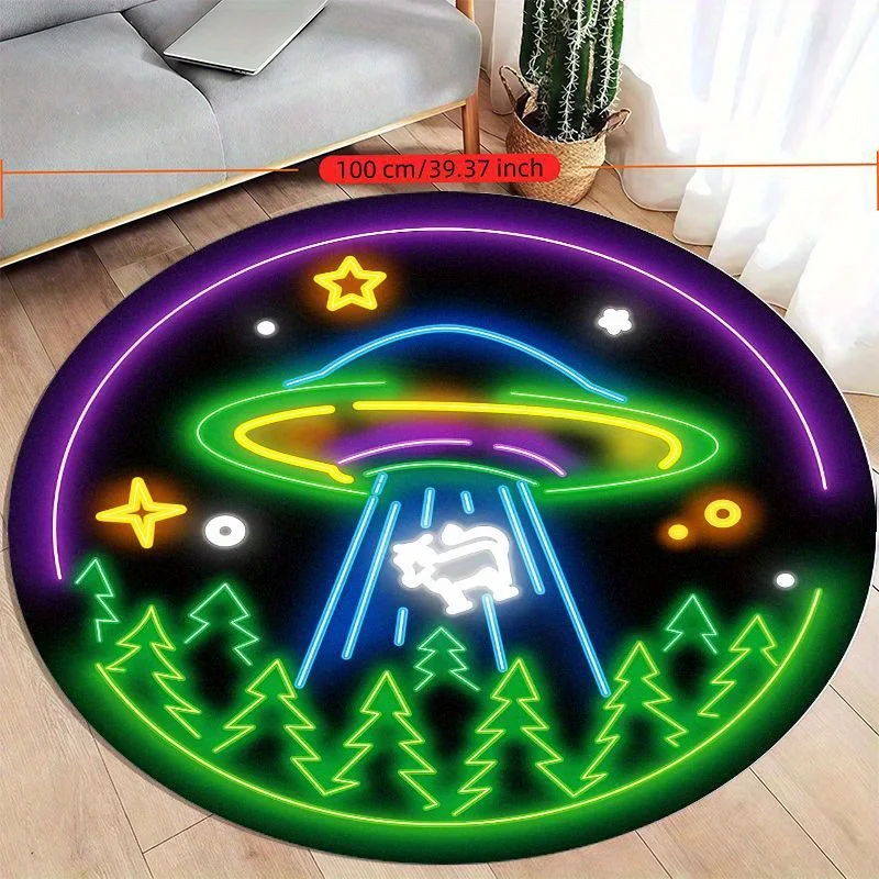 Neon UFO Alien Abduction Round Rug Sci Fi Fantasy Flannel Mat Kids Bedroom Game Room Futuristic Glow In Dark Themed Floor Art