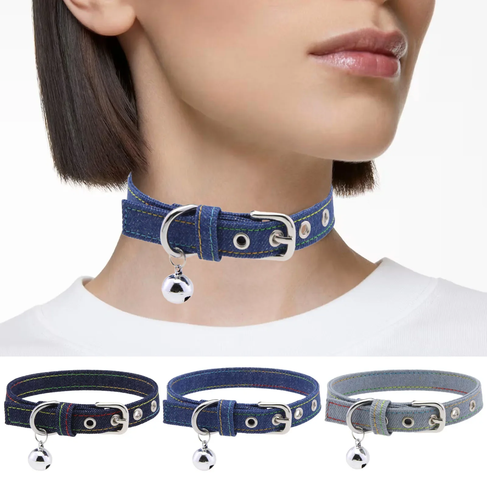 Punk Harajuku Personality Simple Bell Multicolored Stainless steel Denim Necklace Rock and roll Trend Original design