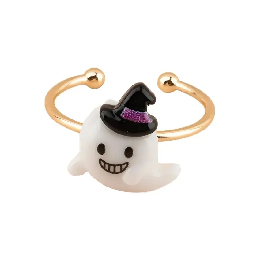 

Smiling Ghost Adjustable Open Ring Cute Halloween Jewelry for Women Men Gold Tone Simple Band Spooky Party Gift Festival