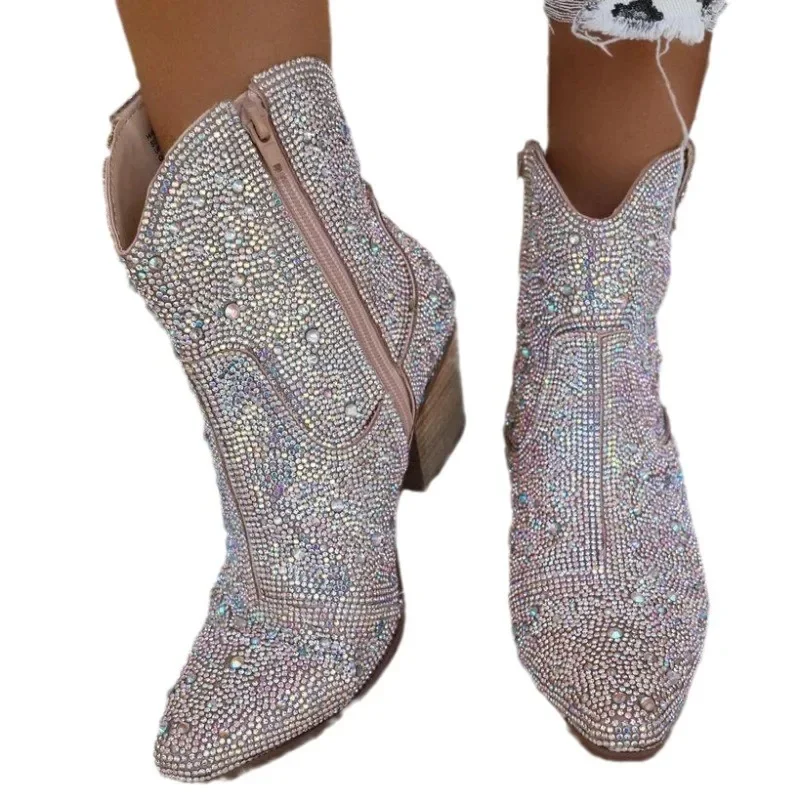 Rhinestone Fashion Women Ankle Boots Glitter Bling Shiny High Heel Botas De Mujer Autumn Elegant Party Evening Shoes 36-41