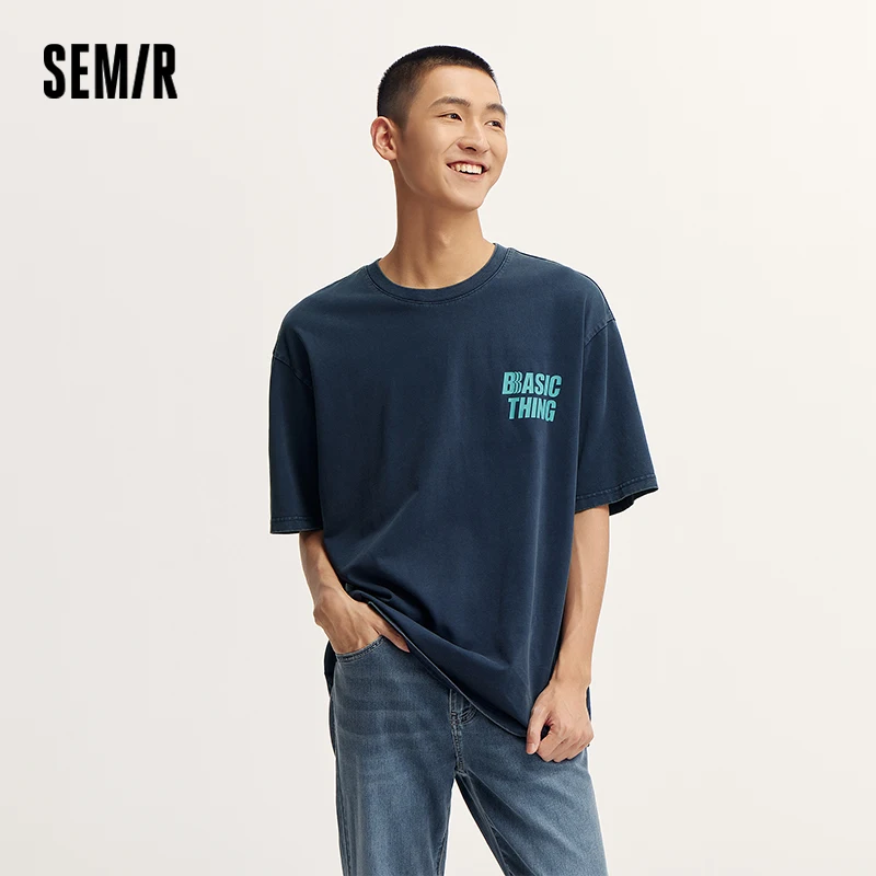 

Semir Men's Vintage Color Block Letter Print Tee Distressed Wash Summer Loose Fit Casual Streetwear Top