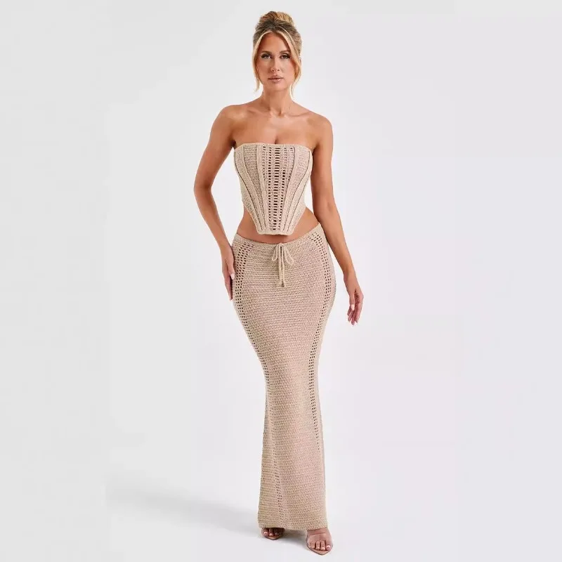 

Women Holiday Beach Crochet Knitted 2 Piece Set Hollow Out Strapless Bandage Asymmetrical Tank Crop Tops + Bodycon Maxi Skirts