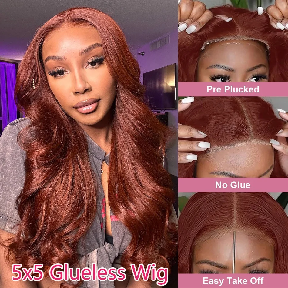 5x5 Pre Cut Lace Glueless Wig Reddish Brown Body Wave Wig Pre Bleached Invisible Knots Pre Everything Wig Human Hair Wig 200%