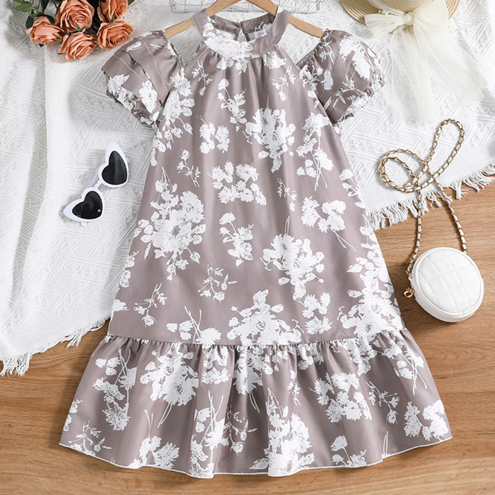 2025 Summer New Arrival Kids Girls Short Sleeve Print Floral Ruffles Dress Design Hollow Out Party Princess Dress Custume 8-10T