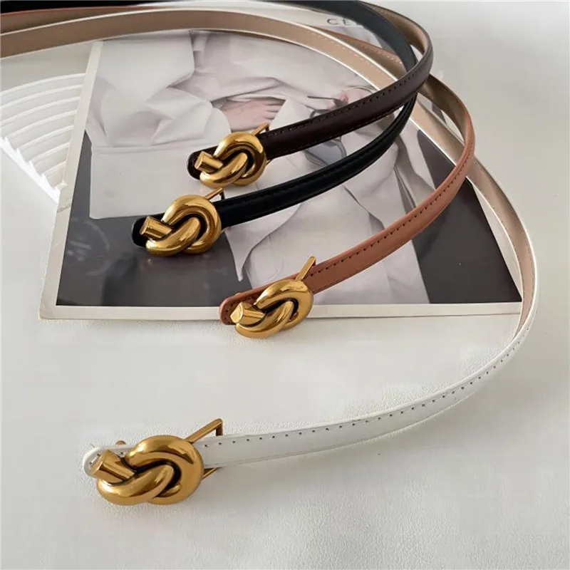 Fashion Adjustable Thin Belt Luxury Genuine Leather Female Designer Girdles Korean Corset Metal Knot Buckle Belts For Women