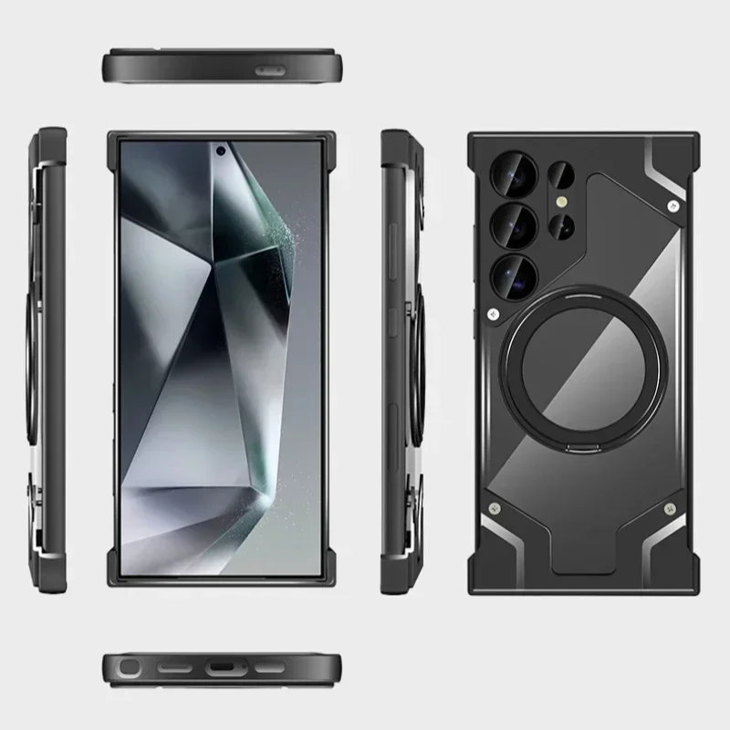 Titanium Aluminum Alloy Frame Magnetic Case For Samsung Galaxy S25 S24 S22 S23 Ultra Bumper Transparent Shockproof Wood Cover