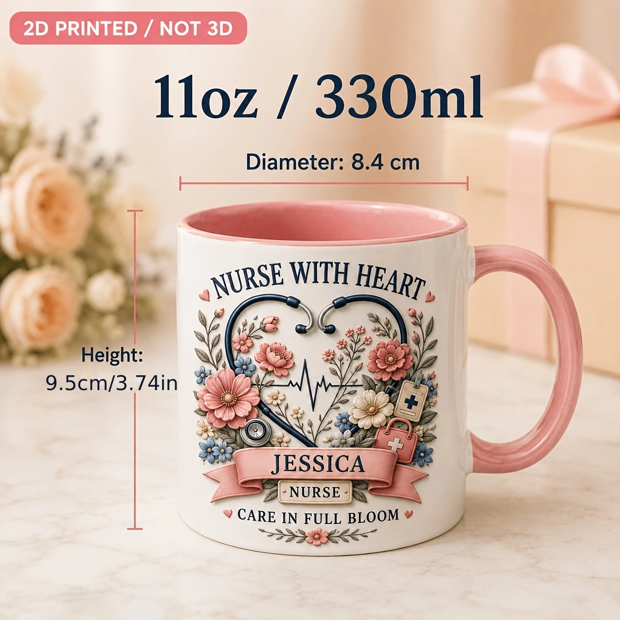 Personalized Floral Nurse Ceramic Mug 11oz Custom Name Title Stethoscope Heart Bouquet 2D Print Microwave Safe Gift 5 Colors