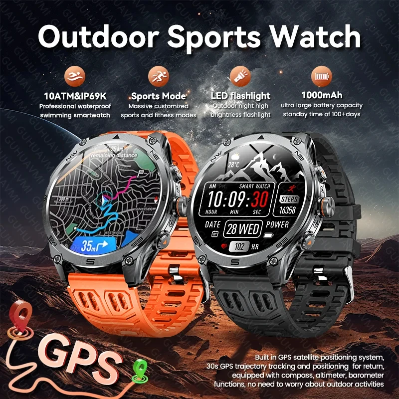 

Смарт-часы 2026 года с GPS, военные, для активного отдыха, с фонариком, аккумулятором 1000 мАч, водонепроницаемостью 10ATM, Bluetooth-звонками, для мужчин, спортивные, фитнес-трекер