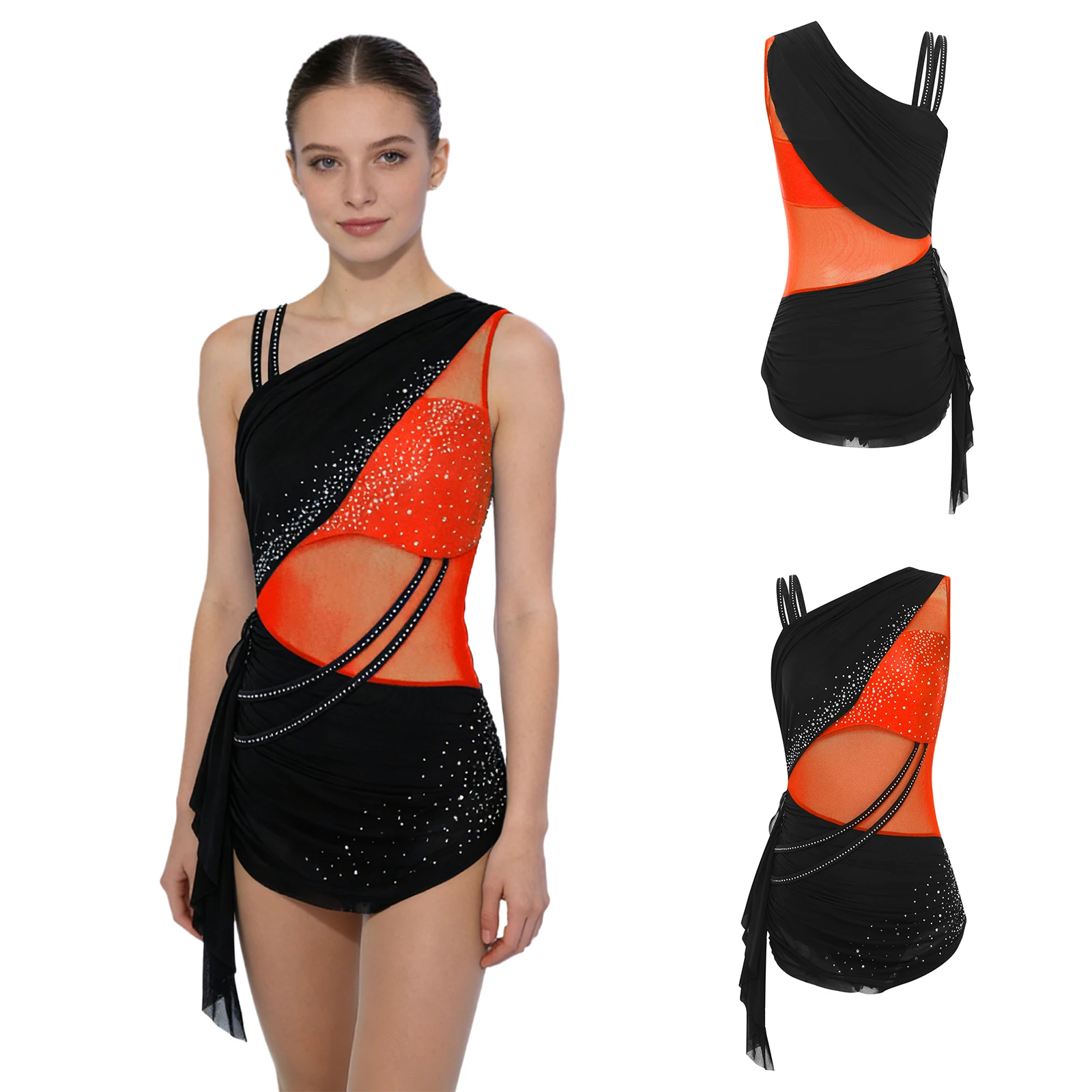 

Women Figure Skating Performance Costume Sleeveless Rhinestones Ruched Skirted Gymnastic Ballet Modern Dance Bodysuits Dancewear