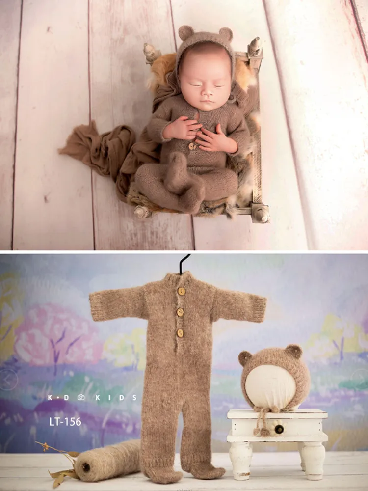 High End Wool Onesie Ear Hat Set Newborn Photography Outfit Soft High Elasticity Romper Bodysuit Studio Baby Boy Girl Clothes