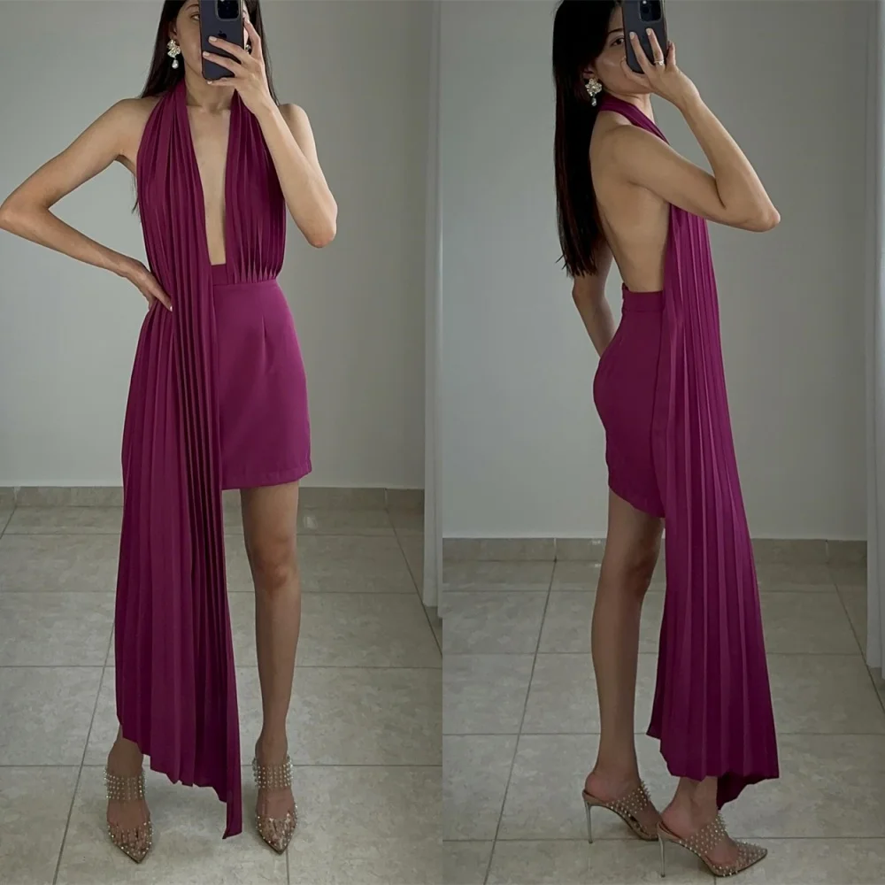 

Customized Halter Sleeveless Fashion Homecoming Dress A-Line Panel Train Delicate Evening Dress Open Back Temperament Prom Dress