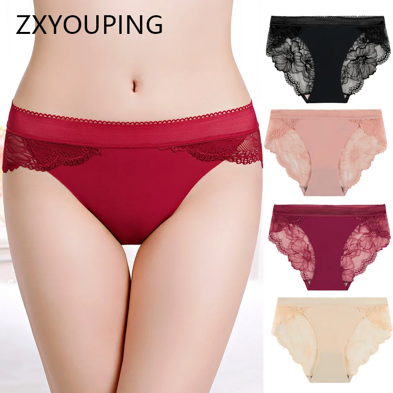 

4pcs Lace Panties Ice Silk Sexy Hollow Underwear Women Soft and Comfortable Seamless Mid Rise Lingerie S-XL