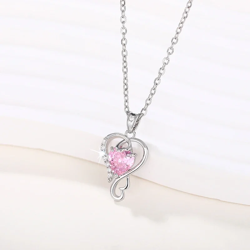 Huitan Temperament Süße Braut Hochzeit Halskette Herz Rosa CZ Anhänger Luxus Silber Farbe Ästhetischen Liebe Schmuck für Frauen