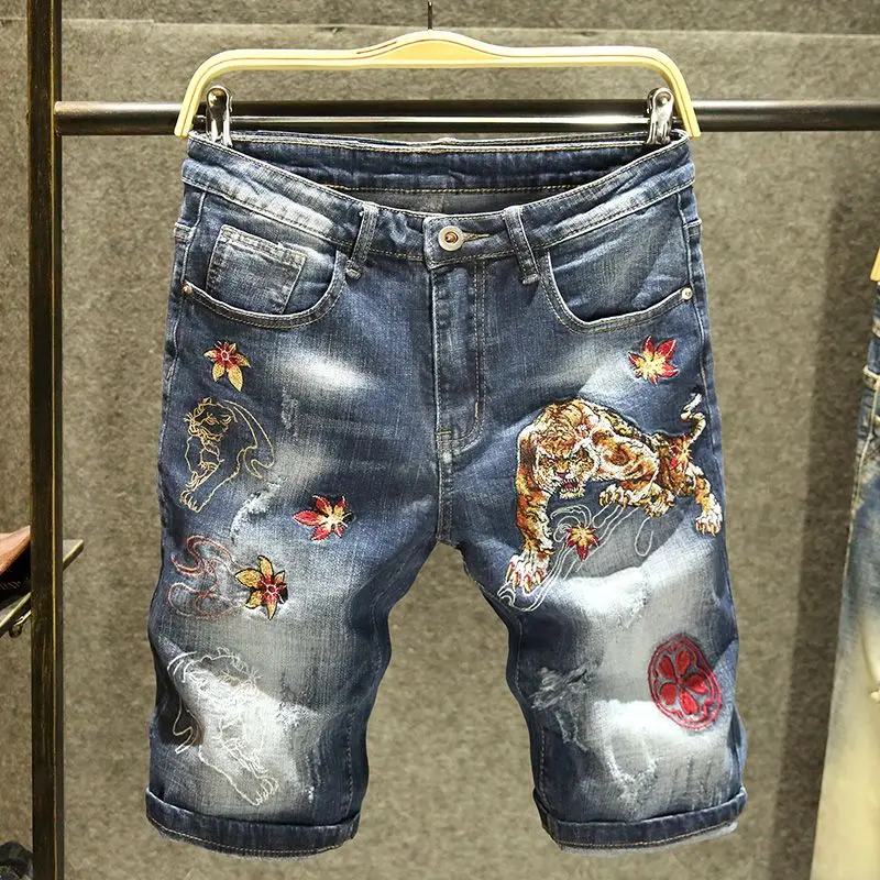 

Embroidery Straight Slim Half Man Denim Shorts Y2k Fashion Trend 2025 Streetwear Harajuku Buttons Blue Short Jeans Pants for Men