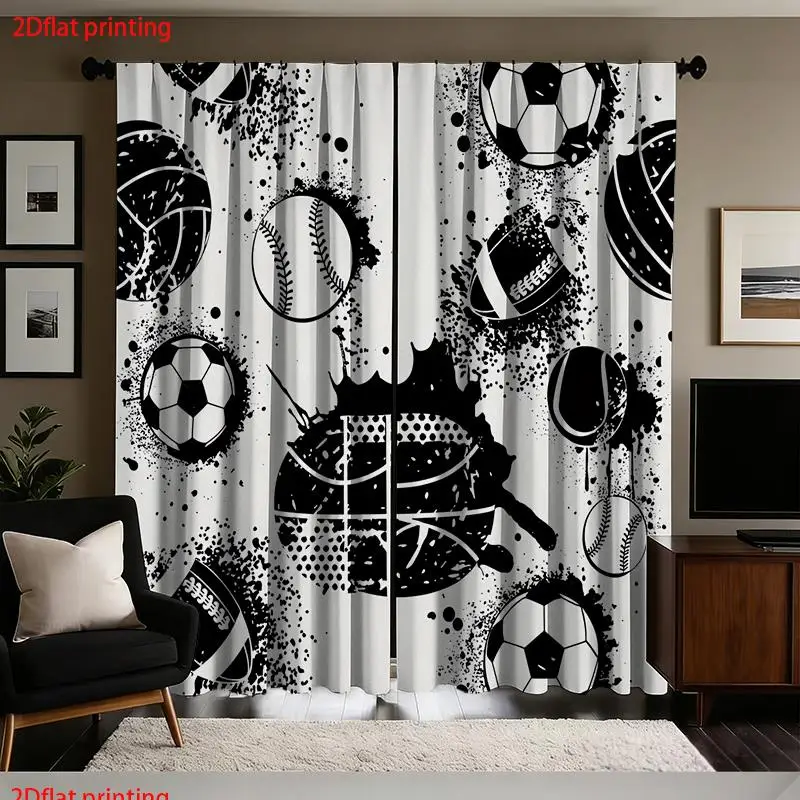 Black White Sports Ball Curtains Soccer Baseball Print Window Drapes Boy Room Decor Blackout Fabric for Living Room Bedroom Home