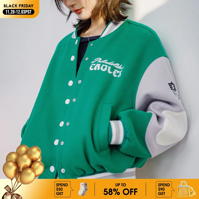 

MADEN женская бейсбольная куртка в стиле пэчворк с цветными блоками, осень-зима 2023, твидовая куртка с вышивкой, толстые пальто, повседневная верхняя одежда