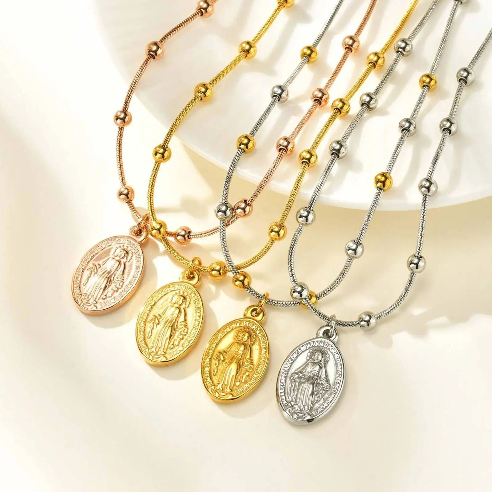 Vnox Holy Virgin Mary Rosary Necklaces For Women, Stainless Steel Chain With Cross Tail, Religion Prayer Jewelry Gift