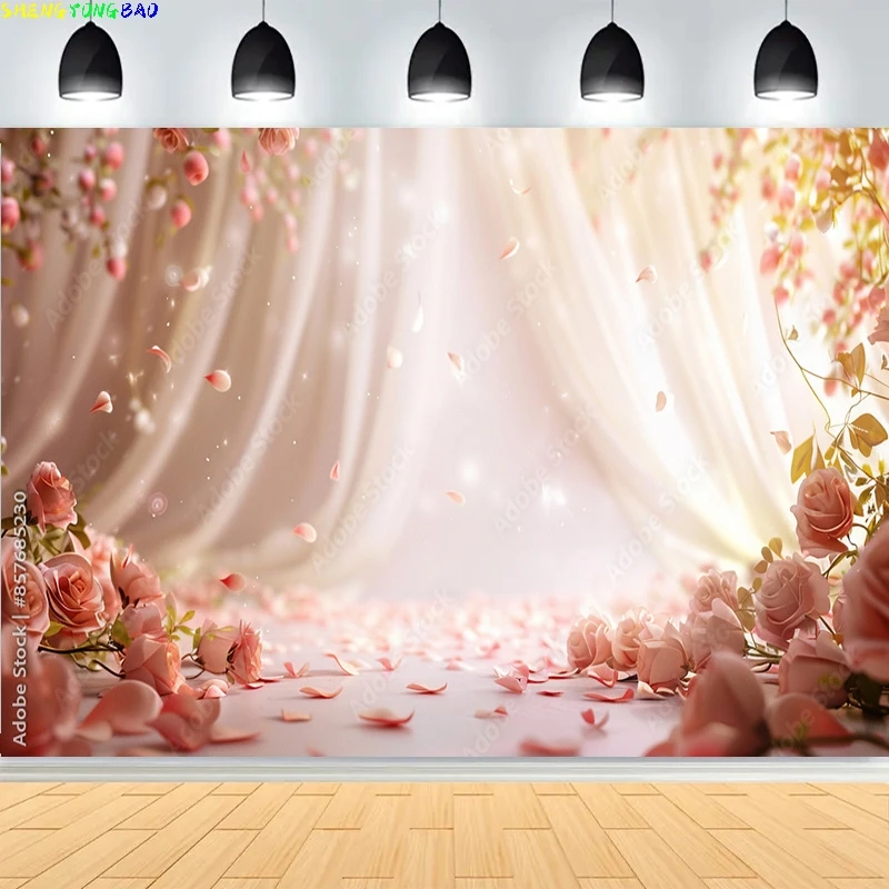 

Stage Background An Elegant Wedding Pink Floral Backdrop Dreamy Sheer Curtains And Cascading Blossoms Photo Studio Props CV-02