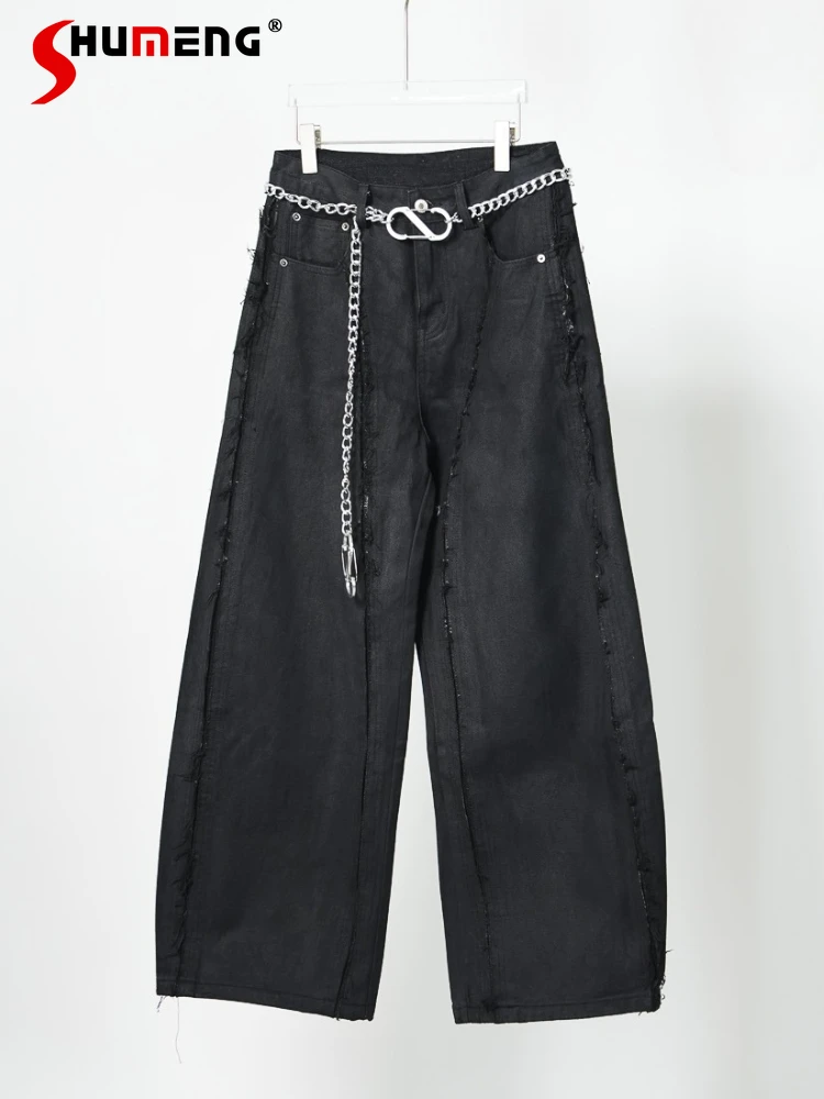 

Men's 2025 Four Seasons Wear High-End Tassel Curved Jeans Loose Waist Chain Denim Trousers Wide-Leg Straight Long Denim Pants