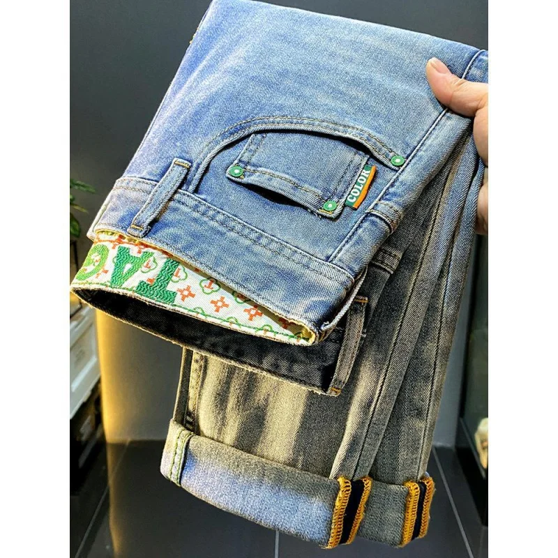 2024 new men jeans fashion high-end casual straight tube slim fit elastic versatile retro distressed washed printed denim pants