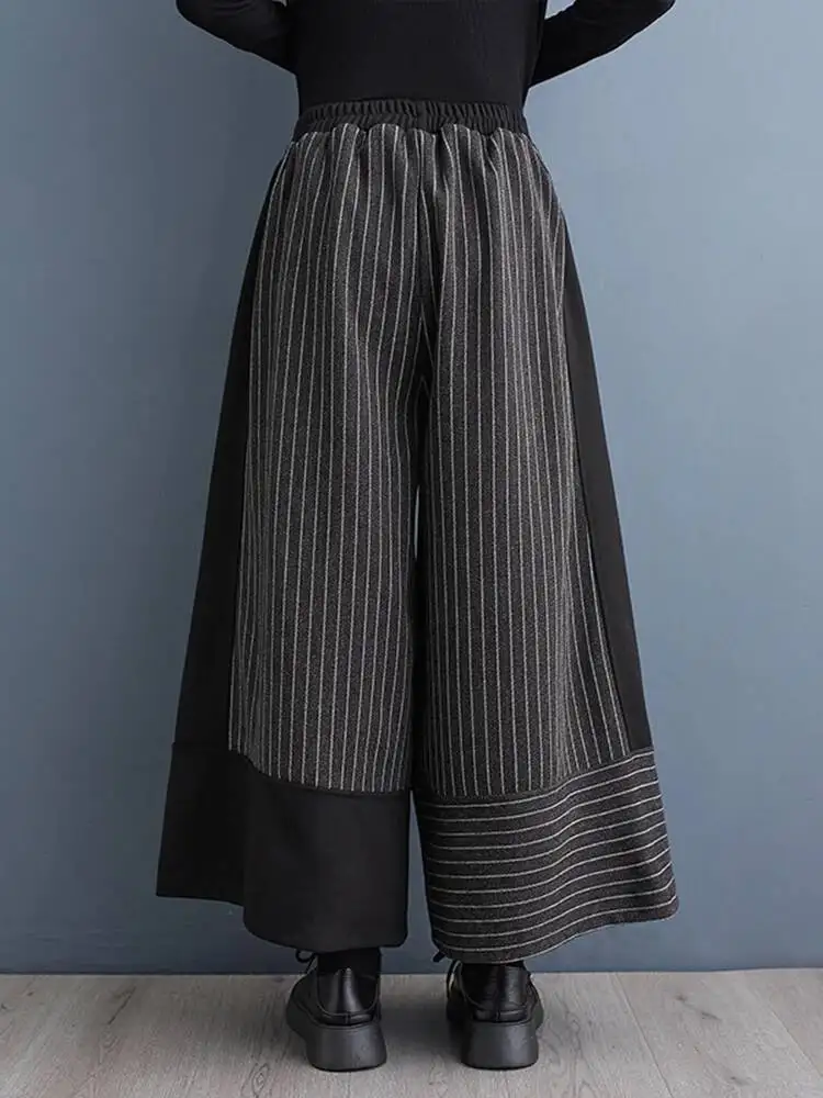 High Elastic Waist Black Striped Color-block Thick Wide Leg Pants New Trousers Women Fashion Spring Autumn