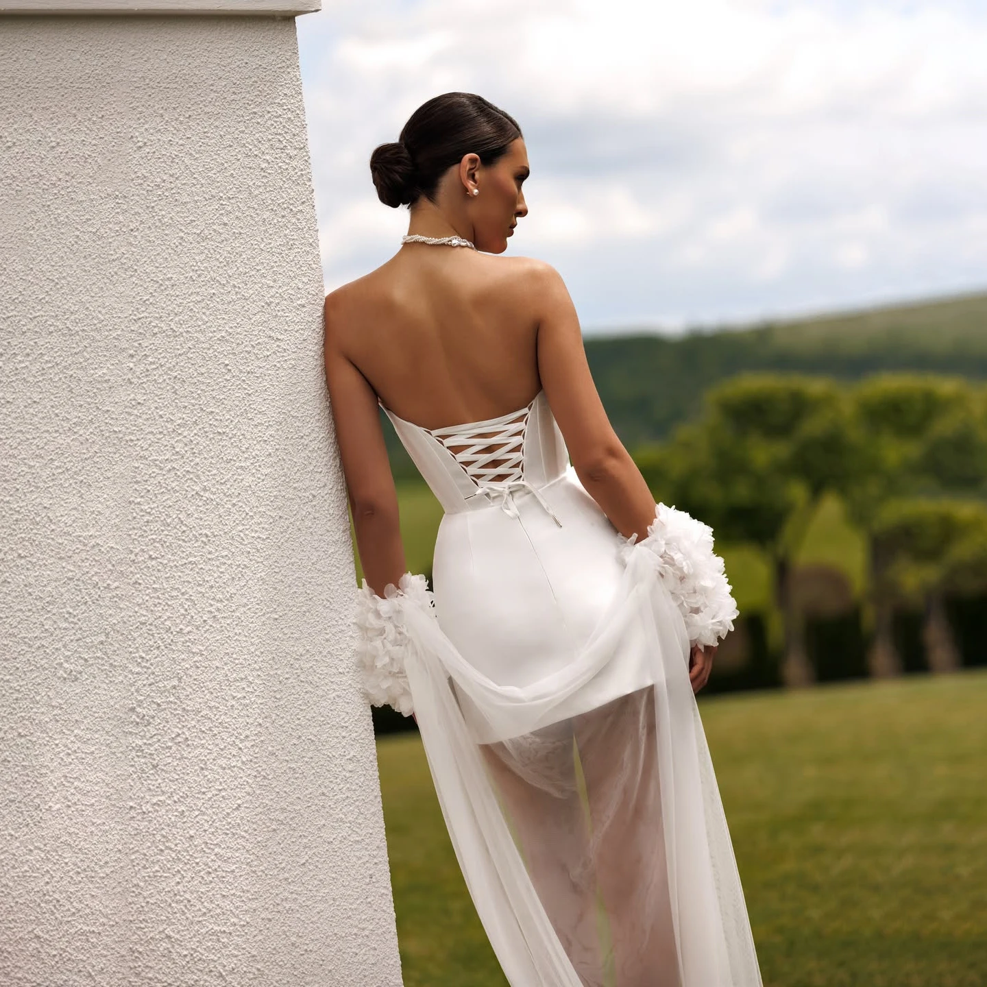 Strapless Mini Satin Wedding Gown Corset Detachable Floral Cuffs Lace Up Back Tulle Train Elopement Bridal Reception Custom Size image 5