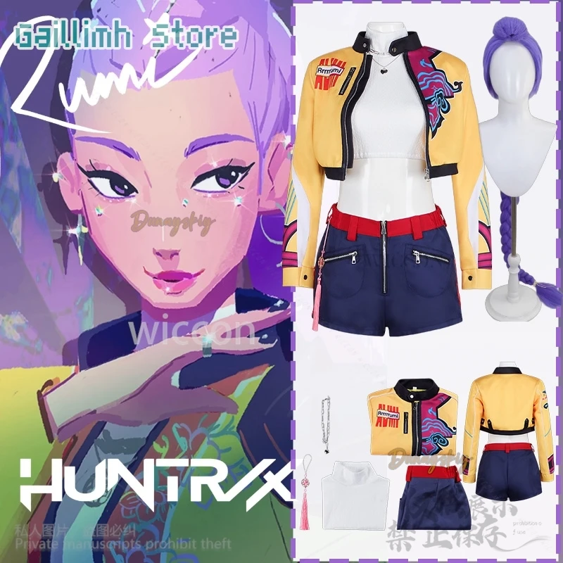 

Аниме фильм Демон Kpop Girl Group косплей Руми поющий костюм желтый панк Y2K пальто короткие штаны длинные парики Хэллоуин вечерние Cos