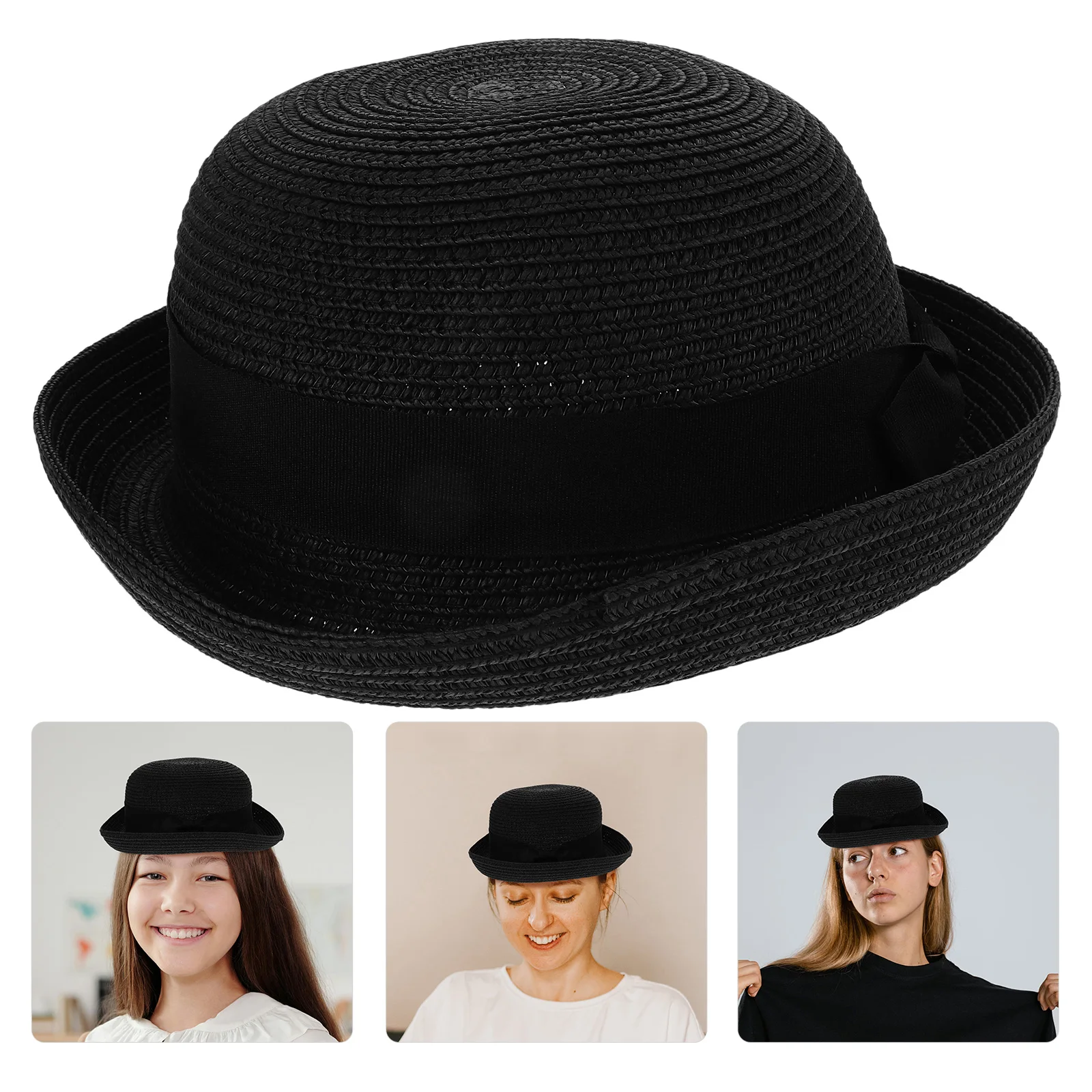 

Sweet Bowknot Dome Straw Sun For Women Foldable Wide Brim Summer Bucket Flexible Straw Beach Hat 56-58Cm Head Circumference Sky