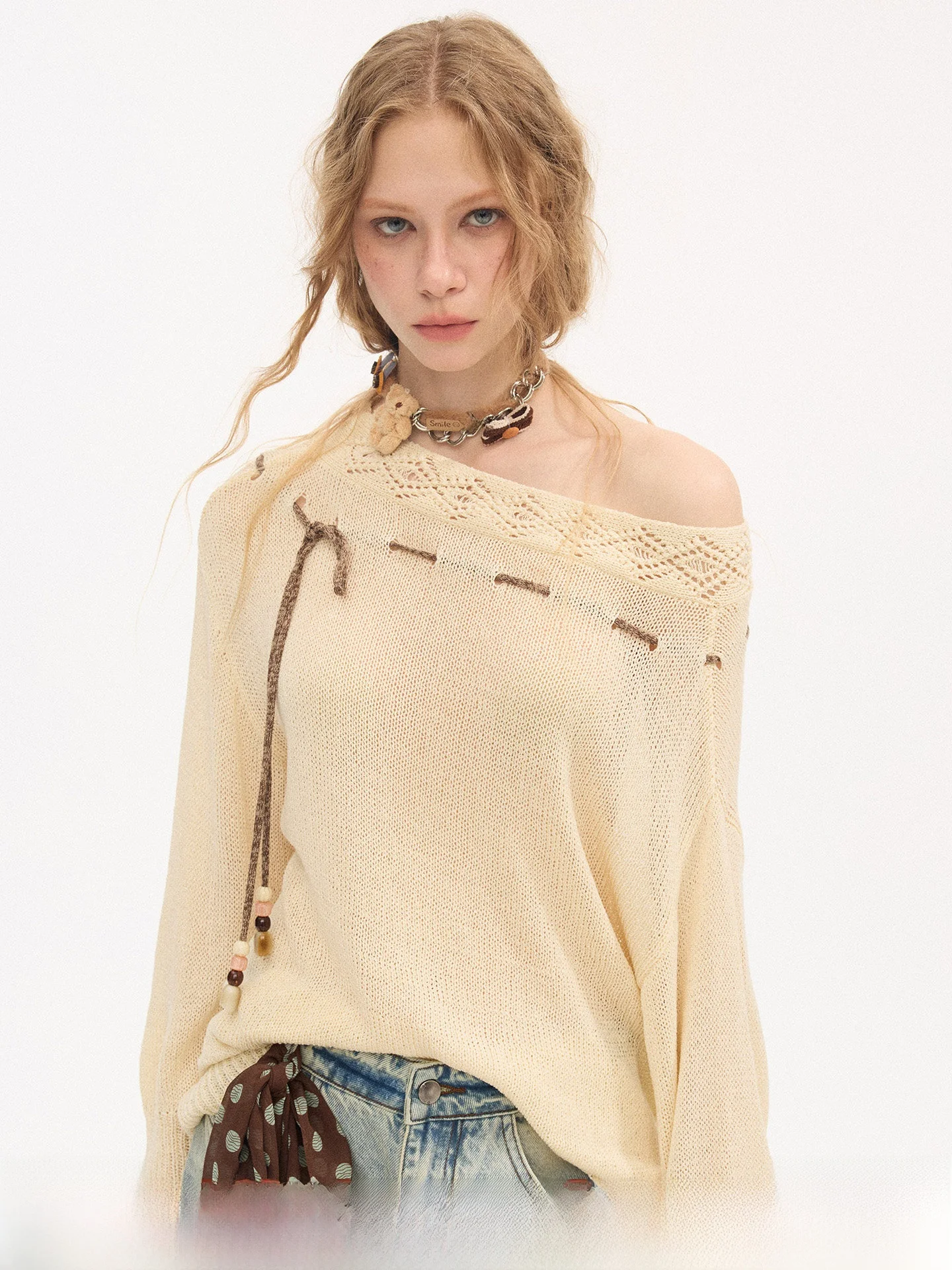 

DIDDI MODA Casual Loose Knitted Sweater One Shoulder Belted Casual Style Women's Fashion Soft Cotton Long Sleeve Top