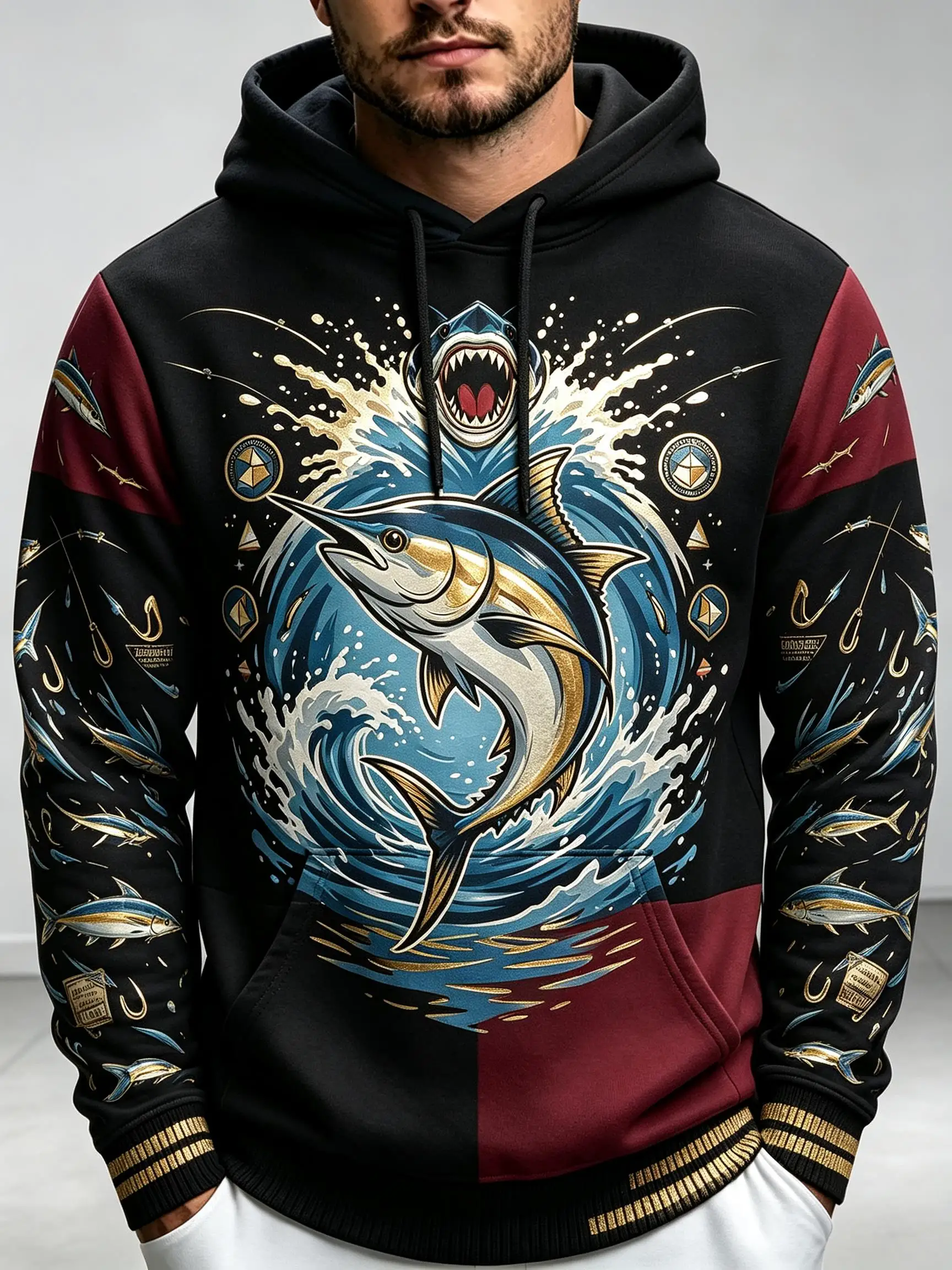 2026 Men Thin Sweatshirt Autumn Winter Hoodie Marlin Fish Ocean Wave Splash Print Long Sleeve Male Pullover Tops Men's Clothes