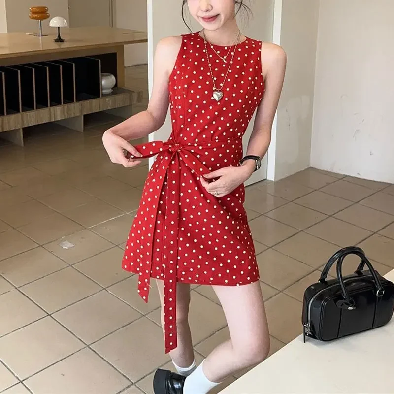 Vintage Polka Dot Dresses Summer New Fashion Drawstring Waist Female Clothing Casual Round Neck Basic Sleeveless Mini Dress