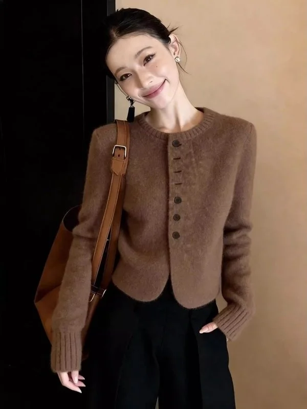 Retro Korean Style Loose Knitted Brown Top Women's Casual Fashion Open Cardigan Single Button Irregular Hemline Warmth