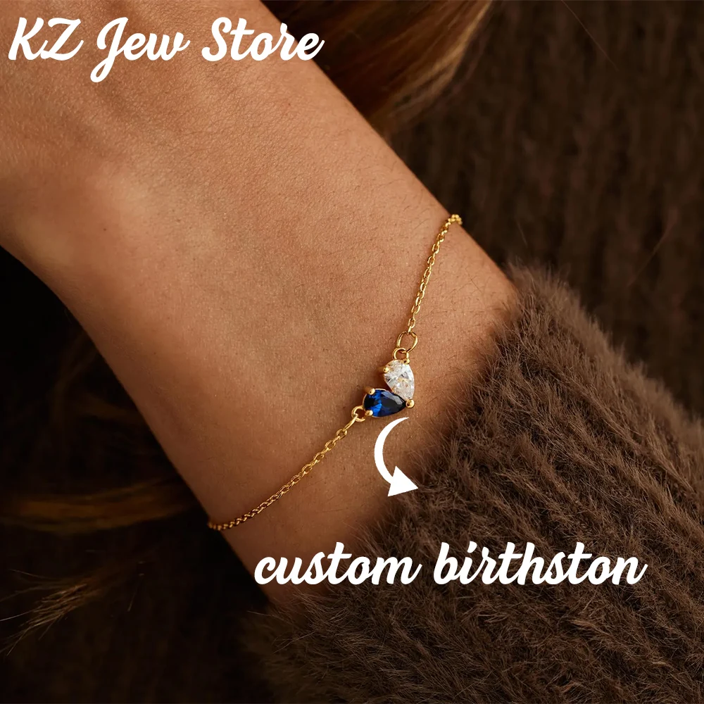 

Custom Two Birthstone Heart Bracelet For Women Dainty Gold Color Blue White Stone Adjustable Stainless Steel Chain Jewelry Gift
