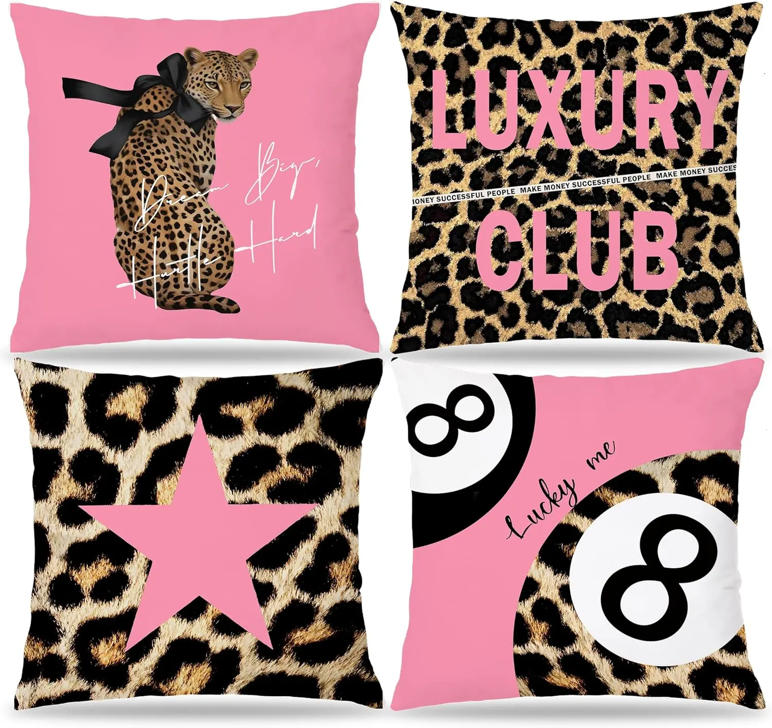 

4Pcs Pink Leopard Print Throw Pillow Covers, Luxury Club and Lucky 8 Ball Cushion Cases for Living Room Bedroom Sofa Home Decor