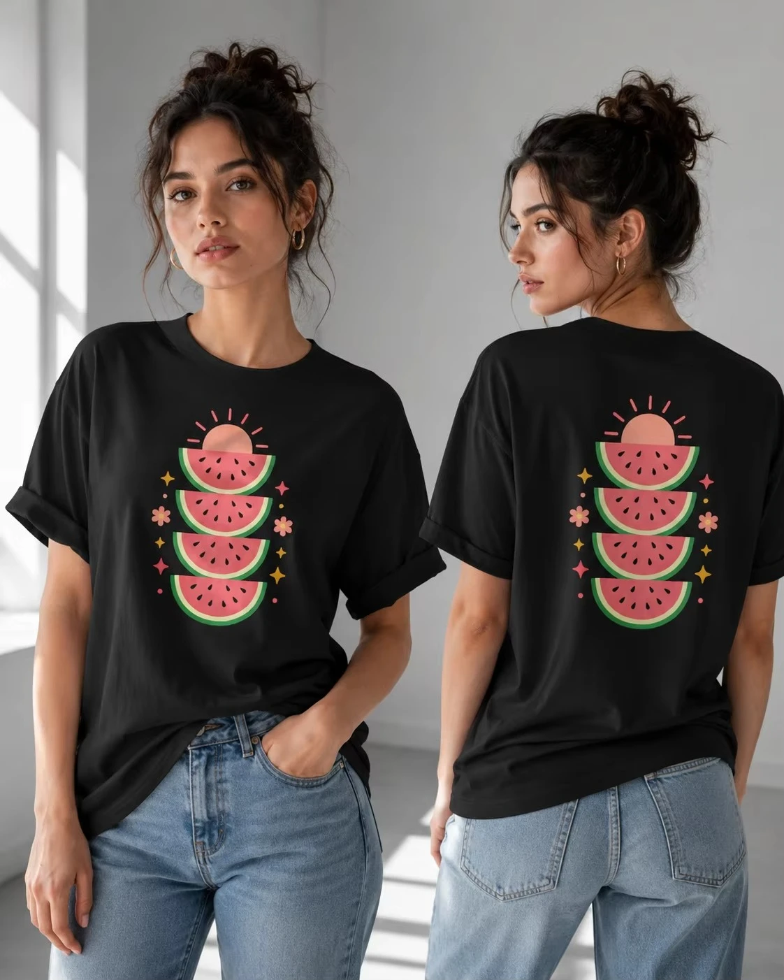 Women Round Neck T-shirt Summer Casual Style Sliced Watermelon Print Comfortable and Breathable Round Neck Short Sleeved Y2K Top