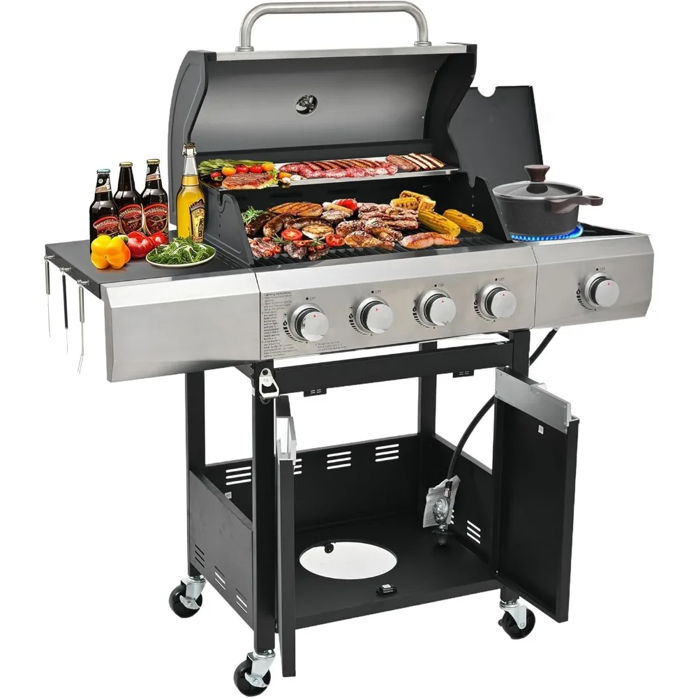 Gas Grill 4 Burner Barbecue Grill Stainless Steel Gas Grill Propane Grill, 51,000 BTU with Side Burner and Cover for Outdoor BBQ