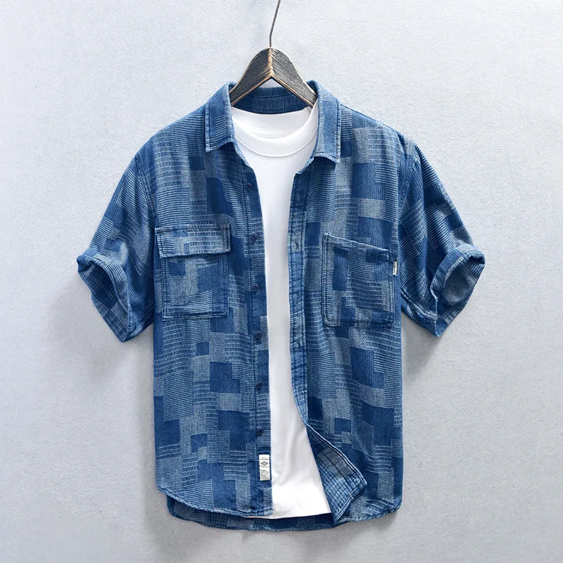 

Loose Casual Men's Denim Shirt Short Sleeve Summer Vintage Workwear Trendy Brand Color Block Plaid Half Sleeve Casual Shirt