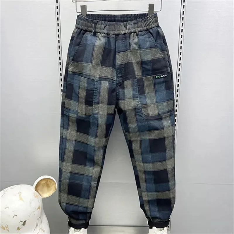 Men's Clothing Korean Fashion Pockets Plaid Pants New Straight Casual Pants Trend Feet Jeans Hombre Vintage Baggy Denim Trousers