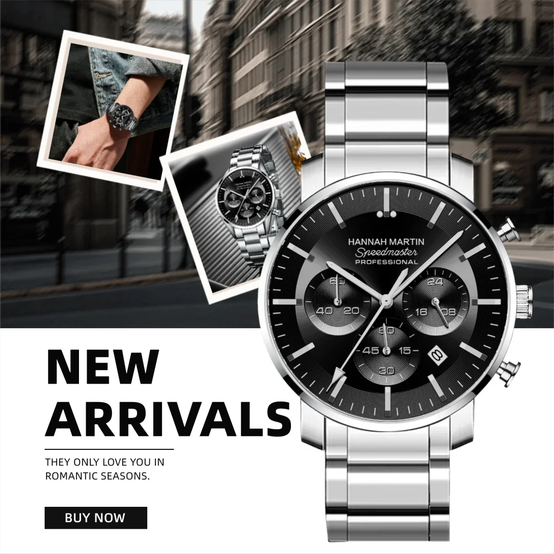 HANNAH MARTIN Brand Men Watch 46mm Multifunctional Timing Clock Silver Stainless Steel Sports Quartz Movement Wristwatch for Men