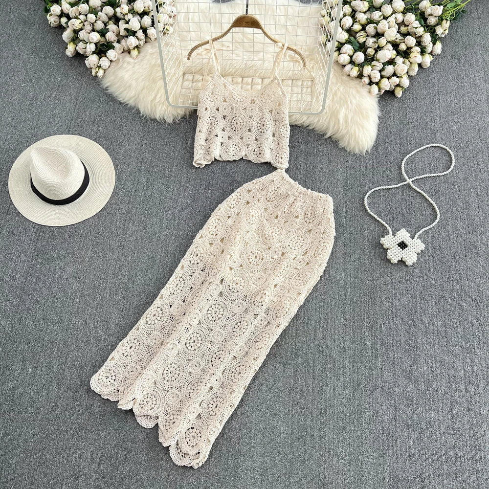 Beach Vaion Faion Set Women Sweet Hook Flower Hollow out Strap Vest Two Piece High Waist Midi Skirt f Body Skirt