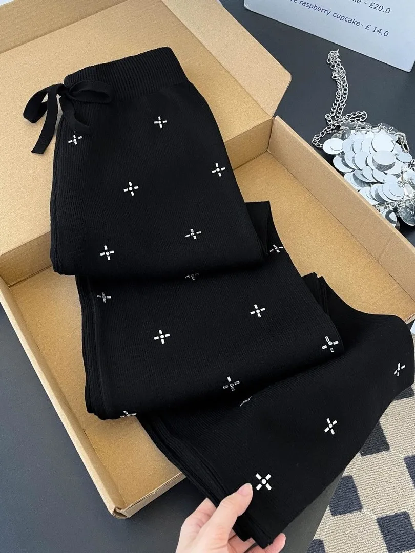 High Waist Wide Leg Knitted Pants Women's Autumn Winter Loose Drapey Casual Rice Noodle Long Pants Glittering Drill Elegant