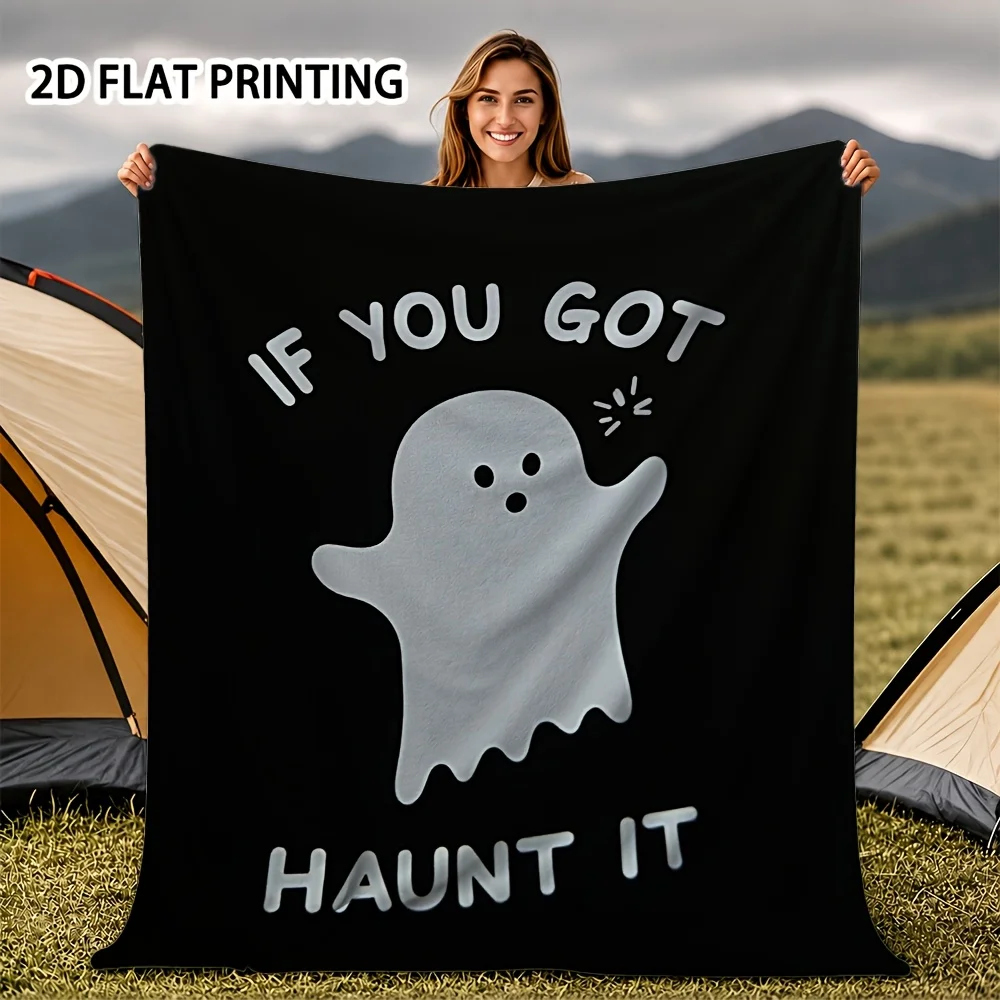 Minimal Ghost Slogan Black Base Throw Blanket for Outdoor Camping Sofa Bed Use Birthday Anniversary Halloween Trip Offering