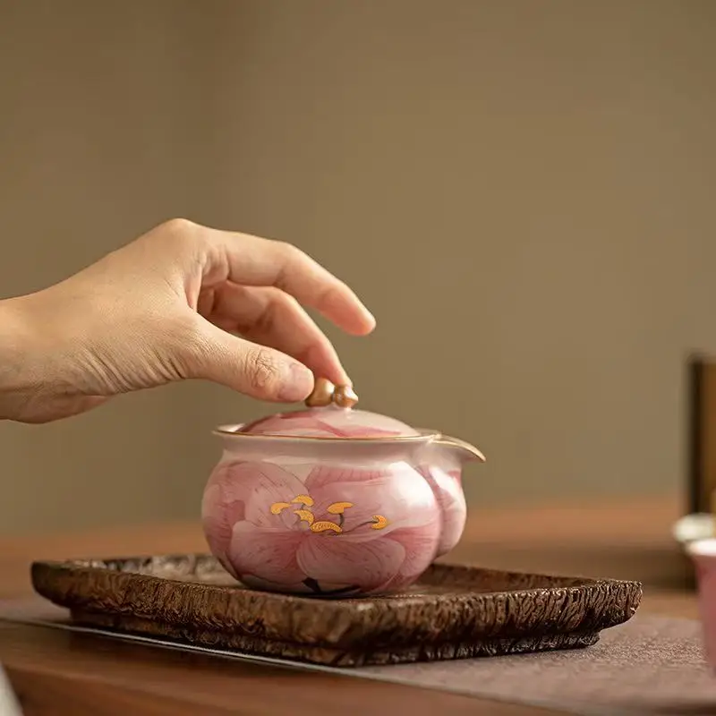 

150ML Pink Ru Kiln Lily Teapot Imitation Song Hand Grab Pot National Gourd Ceramic Bottle Pot Not Hot Household Kung Fu Tea Set