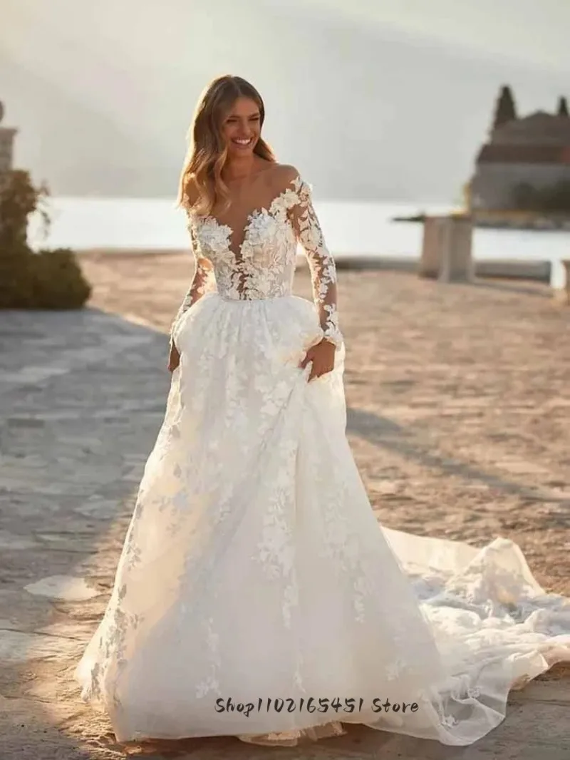 Princess Lace Wedding Dresses Sheer Crew Long Sleeves Bridal Dresses Backless Appliques Tulle Beach Bridal Gowns Vestidos