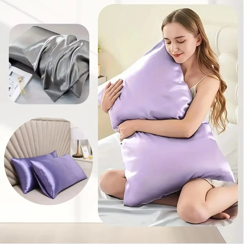 2 Pair Satin Pillowcase - Anti-Allergy Breathable Bedding Polyester Satin with Envelope Closure Machine Washable & Skin-Friendly