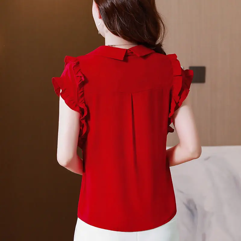 Elegant Fashion Solid Ruffles Buttons Chiffon Shirt Summer 2024 New Peter Pan Collar Short Sleeve Loose Blouse Women\'s Clothing