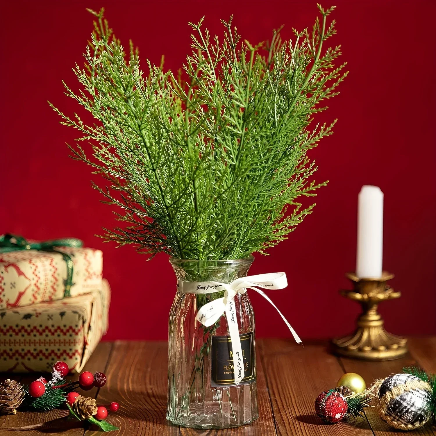 10 Stück künstliche Pflanzen, Tannenzweige, immergrüne Kiefern, Blätter, Zweige, Weihnachtsstange für DIY-Kranz, Geschenk, Weihnachten, Heimdekoration – Detail 5