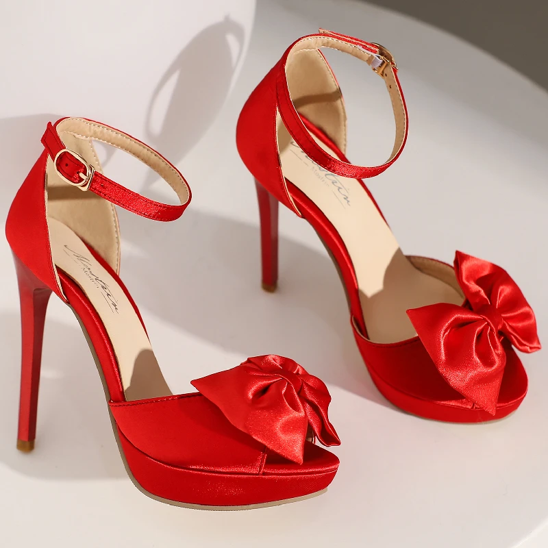 Fashion Summer Shoes For Women Sandals High Heels Platform Ankle Straps Silk Bow Red Party Wedding Shoes Female Sweet Bow-tied